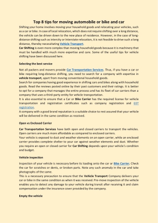 Top 8 tips moving automobile or bike and car
