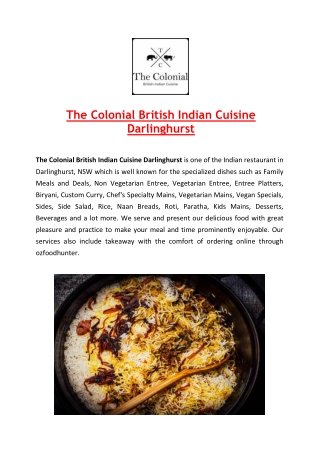 5% off - The Colonial British Indian Restaurant Darlinghurst