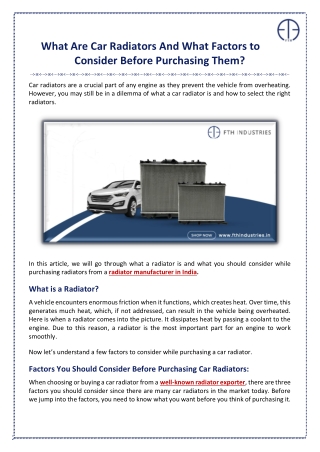 What Are Car Radiators and What Factors to Consider Before Purchasing them