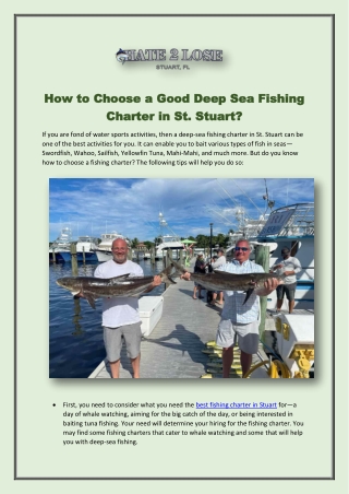 Choose Deep Sea Fishing Charter In St. Stuart