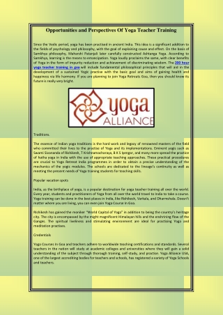 Opportunities and Perspectives Of Yoga Teacher Tra