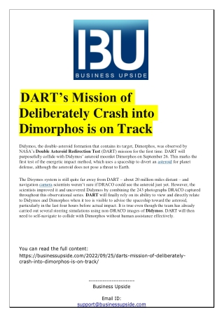 DART’s Mission of Deliberately Crash into Dimorphos is on Track