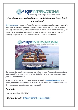 First choice International Movers and Shipping to Israel