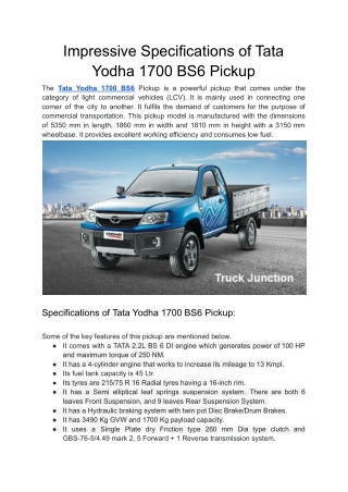 Impressive Specifications of Tata Yodha 1700 BS6 Pickup