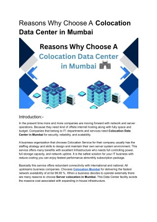 Reasons Why Choose A Colocation Data Center in Mumbai