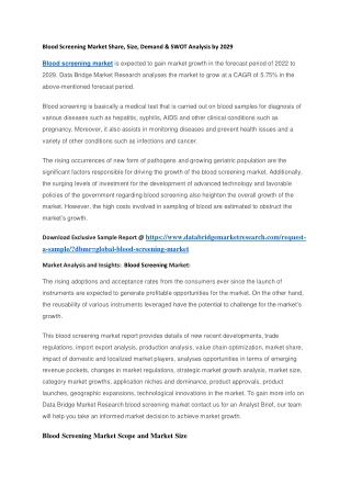 Blood Screening Market Share, Size, Demand & SWOT Analysis by 2029