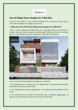 Top 10 Village House Designs for 2 Bhk Plan