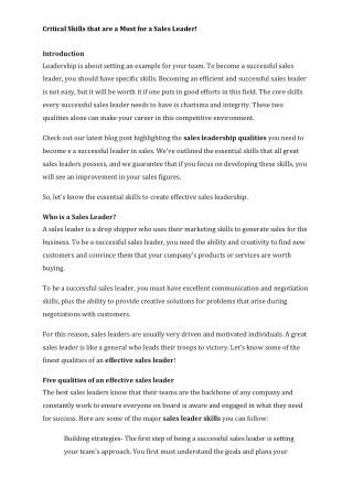 Critical Skills that are a Must for a Sales Leader!
