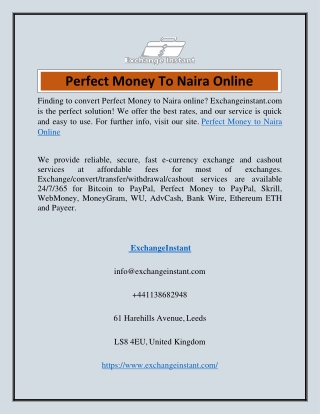 Perfect Money To Naira Online  Exchangeinstant