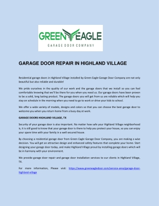 Green Eagle Garage Door Repair Company in Highland Village Dallas