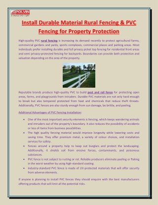 Install Durable Material Rural Fencing & PVC Fencing for Property Protection