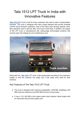 Tata 1512 LPT Truck In India with Innovative Features