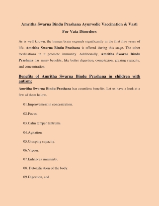Amritha Swarna Bindu Prashana Ayurvedic Vaccination & Vasti For Vata Disorders