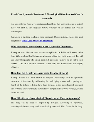 Renal Care Ayurvedic Treatment & Neurological Disorders And Care In Ayurveda