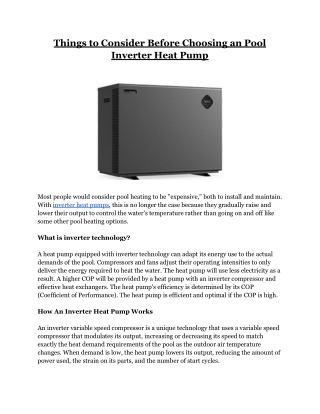 Things to Consider Before Choosing an Pool Inverter Heat Pump