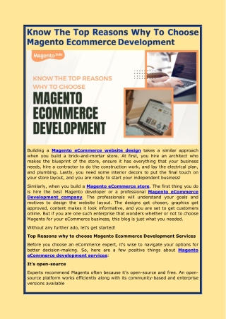 Know The Top Reasons Why To Choose Magento Ecommerce Development