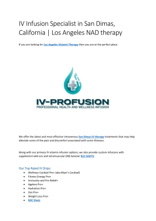 IV Infusion Specialist in San Dimas, California, Los Angeles NAD therapy