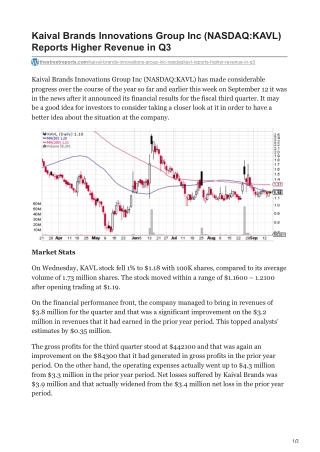 Kaival Brands Innovations Group Inc NASDAQKAVL Reports Higher Revenue in Q3