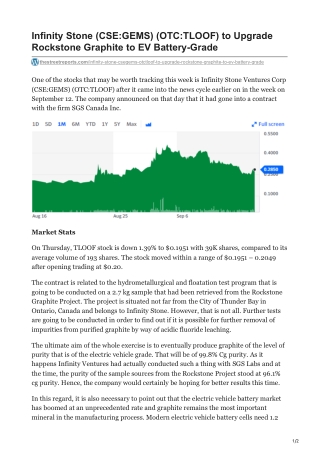 Infinity Stone CSEGEMS OTCTLOOF to Upgrade Rockstone Graphite to EV Battery-Grade