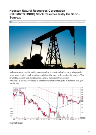 Houston Natural Resources Corporation OTCMKTSHNRC Stock Resumes Rally On Short-Squeeze