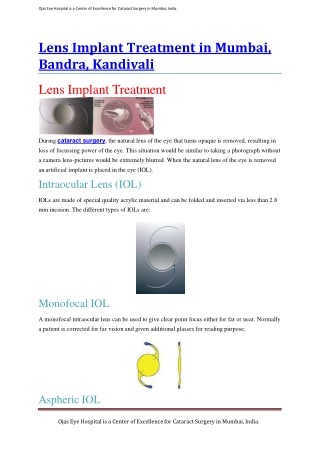 Lens Implant Treatment in Mumbai, Intraocular Cataract Lenses (IOLs) In Mumbai.