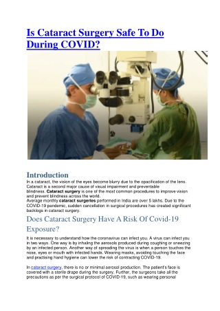Is Cataract Surgery Safe To Do During COVID?