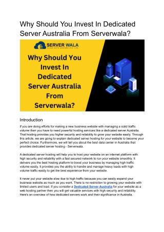 Why Should You Invest Money In Dedicated Server Australia From Serverwala_