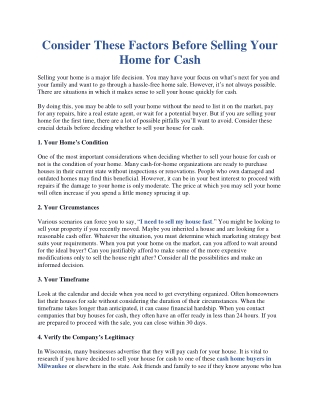 Consider These Factors Before Selling Your Home for Cash