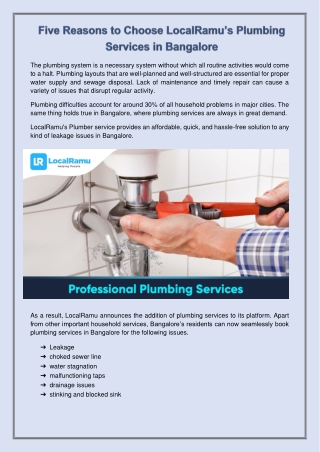 Five Reasons to Choose LocalRamu’s Plumber Service in Bangalore