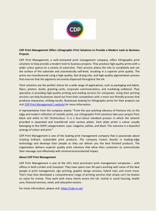 CDP Print Management Offers Lithographic Print Solutions to Provide a Modern Look to Business Projects