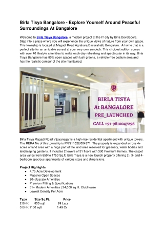 Birla Tisya Bangalore - Explore Yourself Around Best Homes In Bangalore