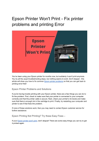 Epson Printer Won't Print - Fix printer problems and printing Error