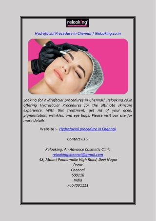 Hydrafacial Procedure in Chennai Relooking.co.in