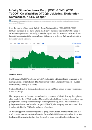 Infinity Stone Ventures Corp CSE GEMS OTC TLOOF On Watchlist OTCQB UpListing Exploration Commences 15