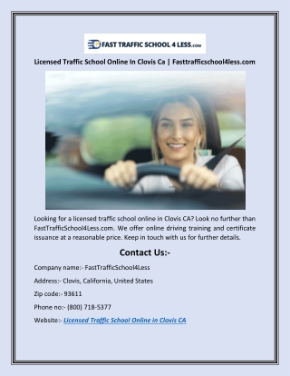 Licensed Traffic School Online In Clovis Ca | Fasttrafficschool4less.com