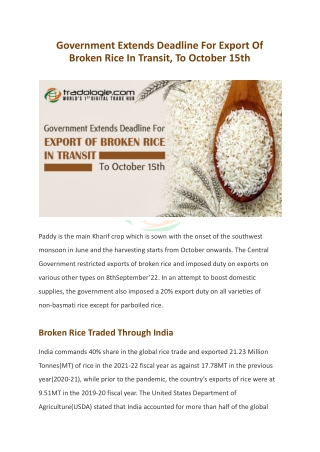 Government Extends Deadline For Export Of Broken Rice In Transit, To October 15th