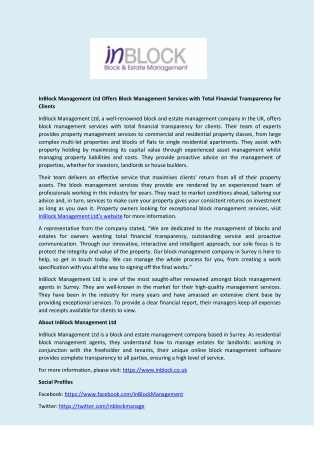 InBlock Management Ltd Offers Block Management Services with Total Financial Transparency for Clients