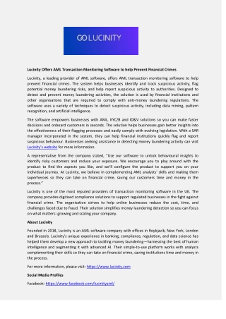 Lucinity Offers AML Transaction Monitoring Software to help Prevent Financial Crimes