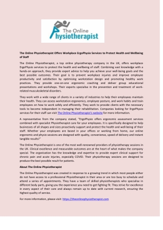 The Online Physiotherapist Offers Workplace ErgoPhysio Services to Protect Health and Wellbeing of Staff
