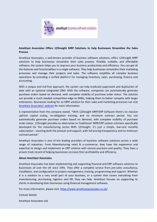 Amethyst Associates Offers 123insight MRP Solutions to help Businesses Streamline the Sales Process