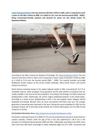 Global Skateboard Market to Exhibit a CAGR of 2.1%  from 2022 to 2028