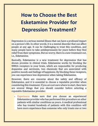 How to Choose the Best Esketamine Provider for Depression Treatment