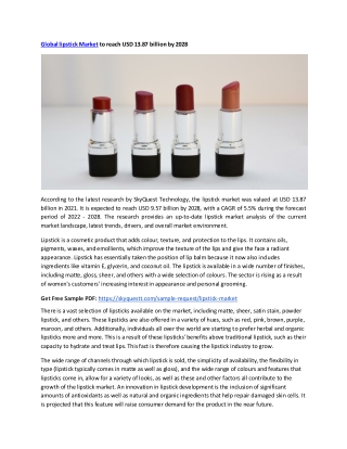 Global Lipstick Market Segmented By  Region—Forecast and Analysis 2022–2028