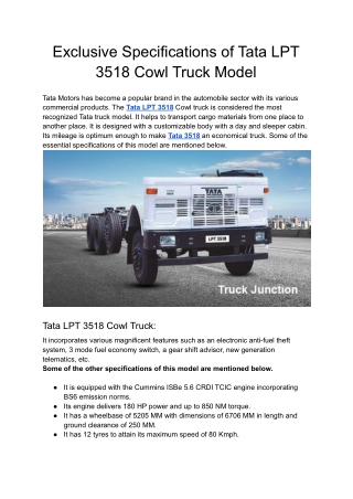 Exclusive Specifications of Tata 3518 Cowl Truck Model