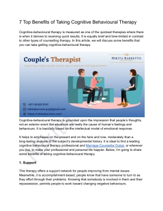7 Top Benefits of Taking Cognitive Behavioural Therapy