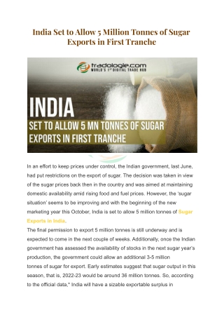 India Set to Allow 5 Million Tonnes of Sugar Exports in First Tranche (1)