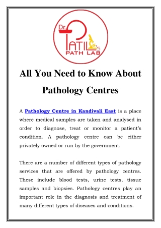 Pathology Centre in Kandivali East Call-9930161014