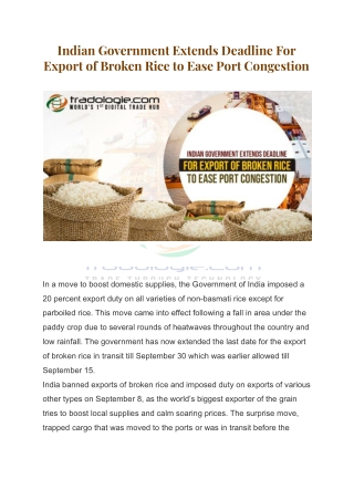 Indian Government Extends Deadline For Export of Broken Rice to Ease Port Congestion