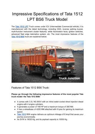 Impressive Specifications of Tata 1512 LPT BS6 Truck Model