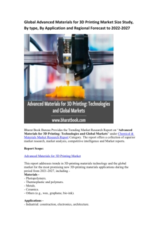 Global Advanced Materials for 3D Printing Market Research Report 2022-2027